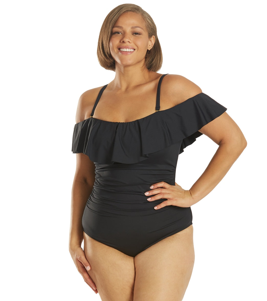 La Blanca Plus Size Island Goddess Off Shoulder Ruffle One Piece Swimsuit - Black 20W - Swimoutlet.com