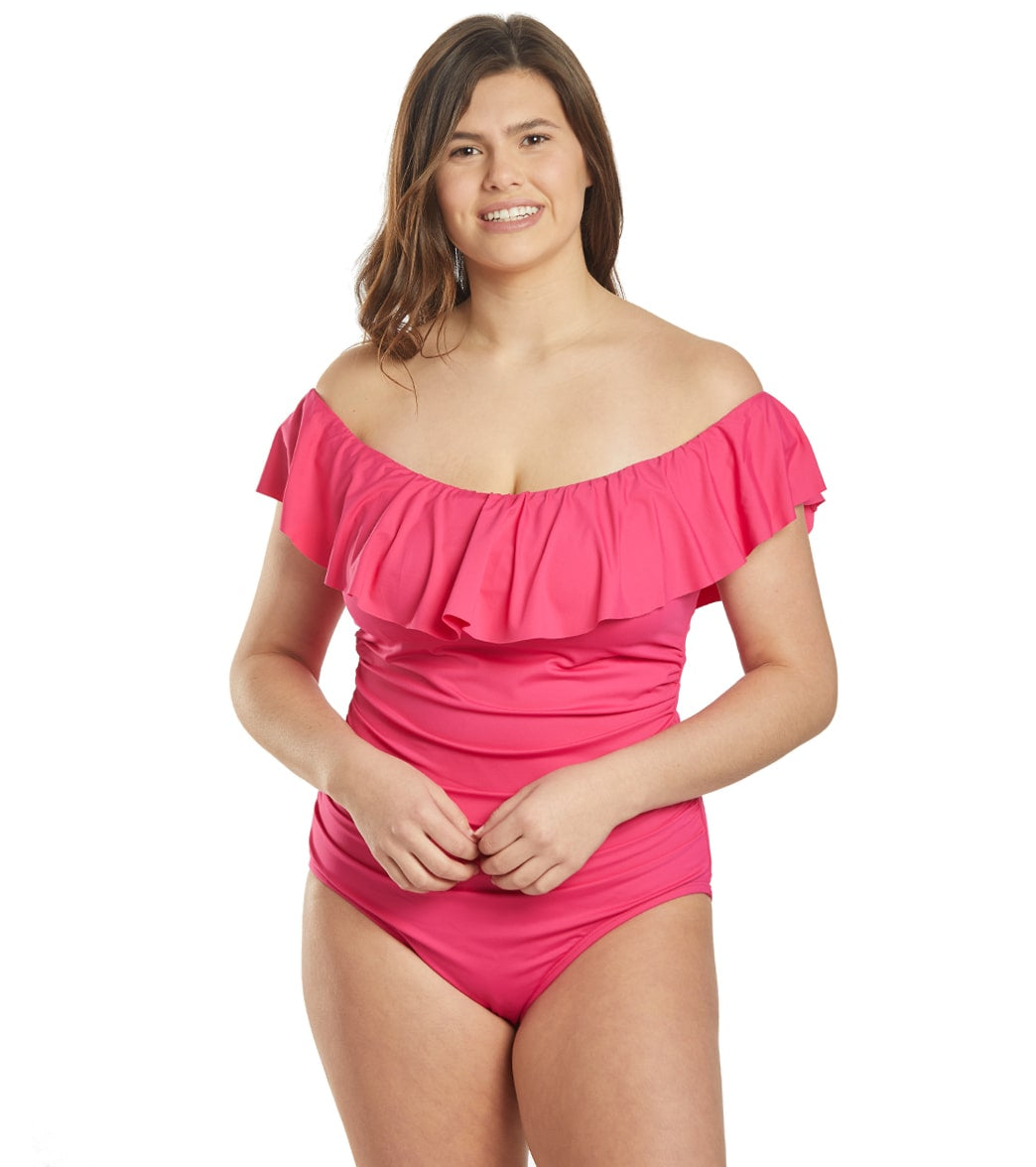 La Blanca Plus Size Island Goddess Off Shoulder Ruffle One Piece Swimsuit - Pink 20W - Swimoutlet.com