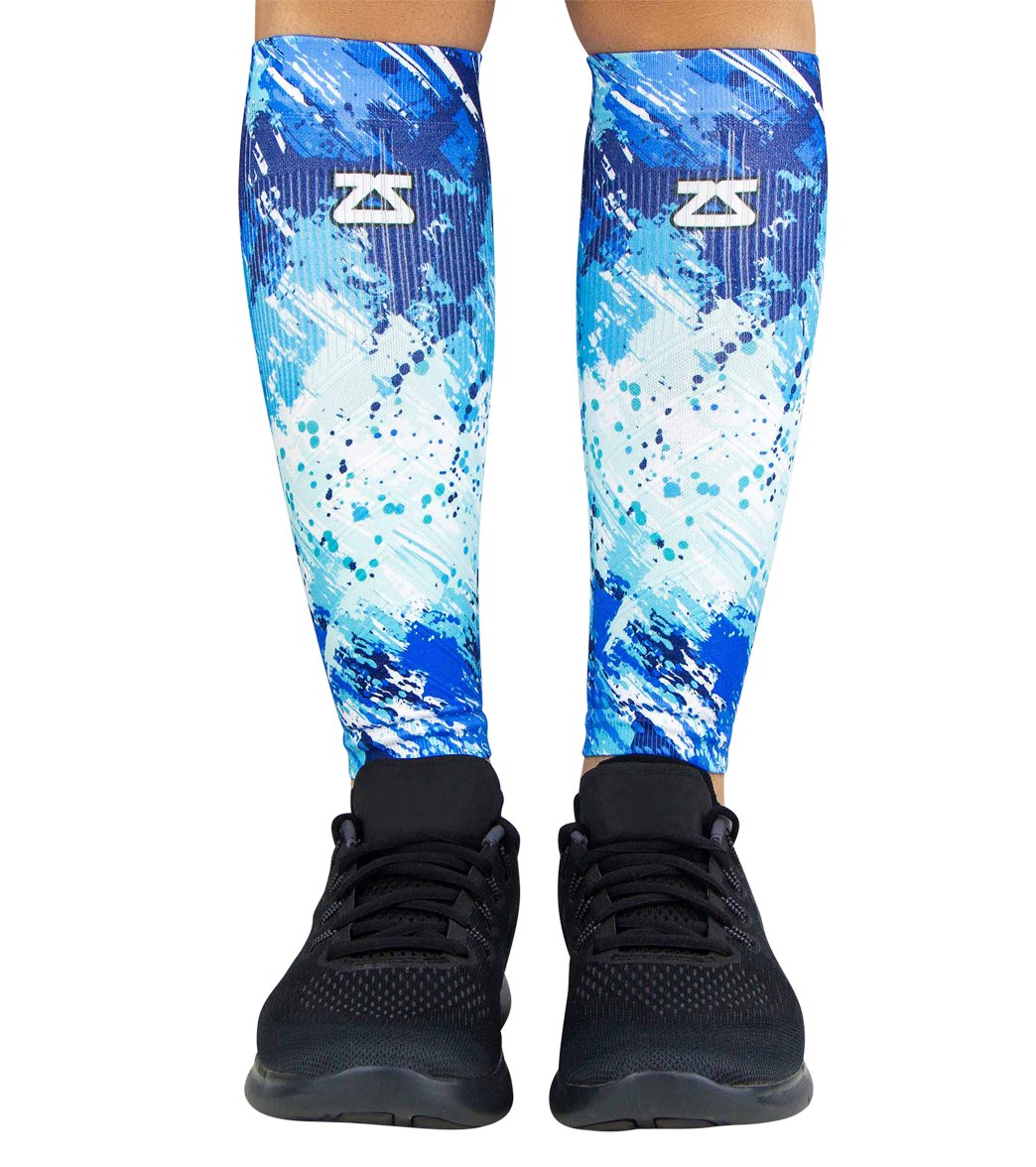 Zensah Abstract Paint Compression Leg Sleeves Pair - Blues S/M Size Small/Medium - Swimoutlet.com