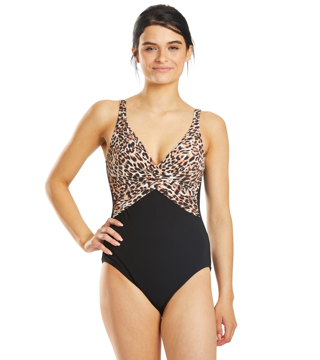 Profile By Gottex Wild Thing Underwire V Neck One Piece Swimsuit - Leopard 12 Elastane/Polyamide - Swimoutlet.com