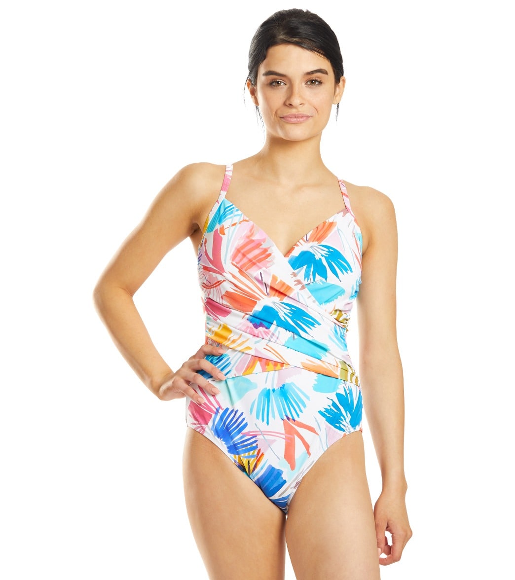 Profile By Gottex Splash Surplice One Piece Swimsuit - White/Multi 12 - Swimoutlet.com