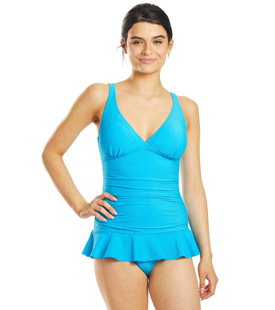 Profile By Gottex Ribbons V Neck Swim Dress D Cup - Azure 12D - Swimoutlet.com