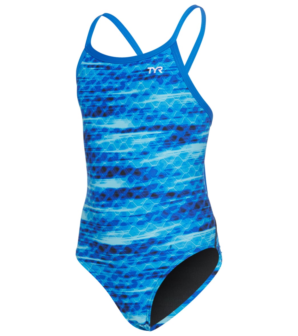 TYR Girls' Castaway Diamondfit One Piece Swimsuit - Blue 24 - Swimoutlet.com