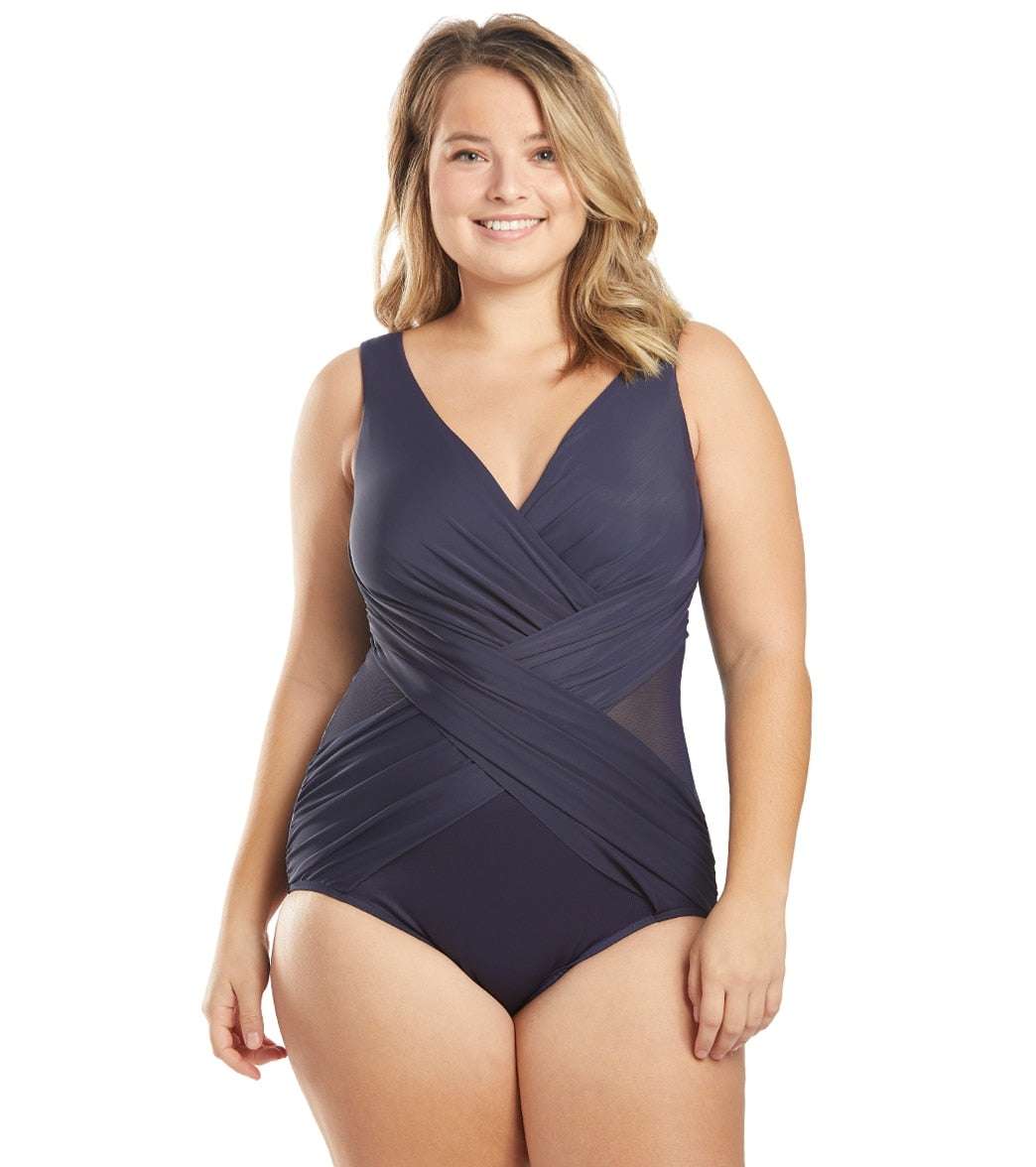 Miraclesuit plus size solid crossover one piece swimsuit - midnight 18w - swimoutlet.com