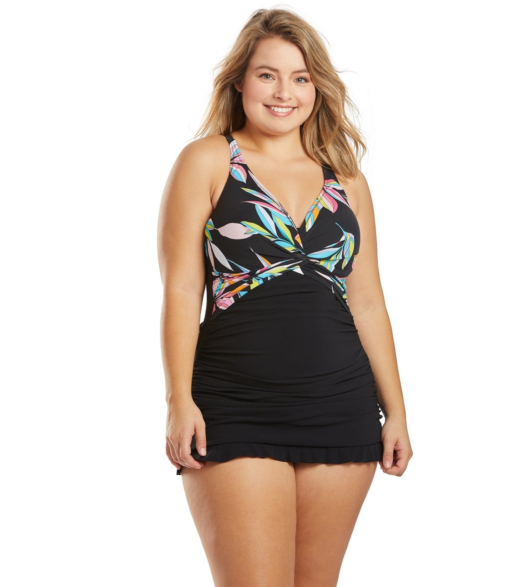 Profile By Gottex Plus Size Paparazzi Underwire Swim Dress - Black/Multi 18W Elastane/Polyamide - Swimoutlet.com