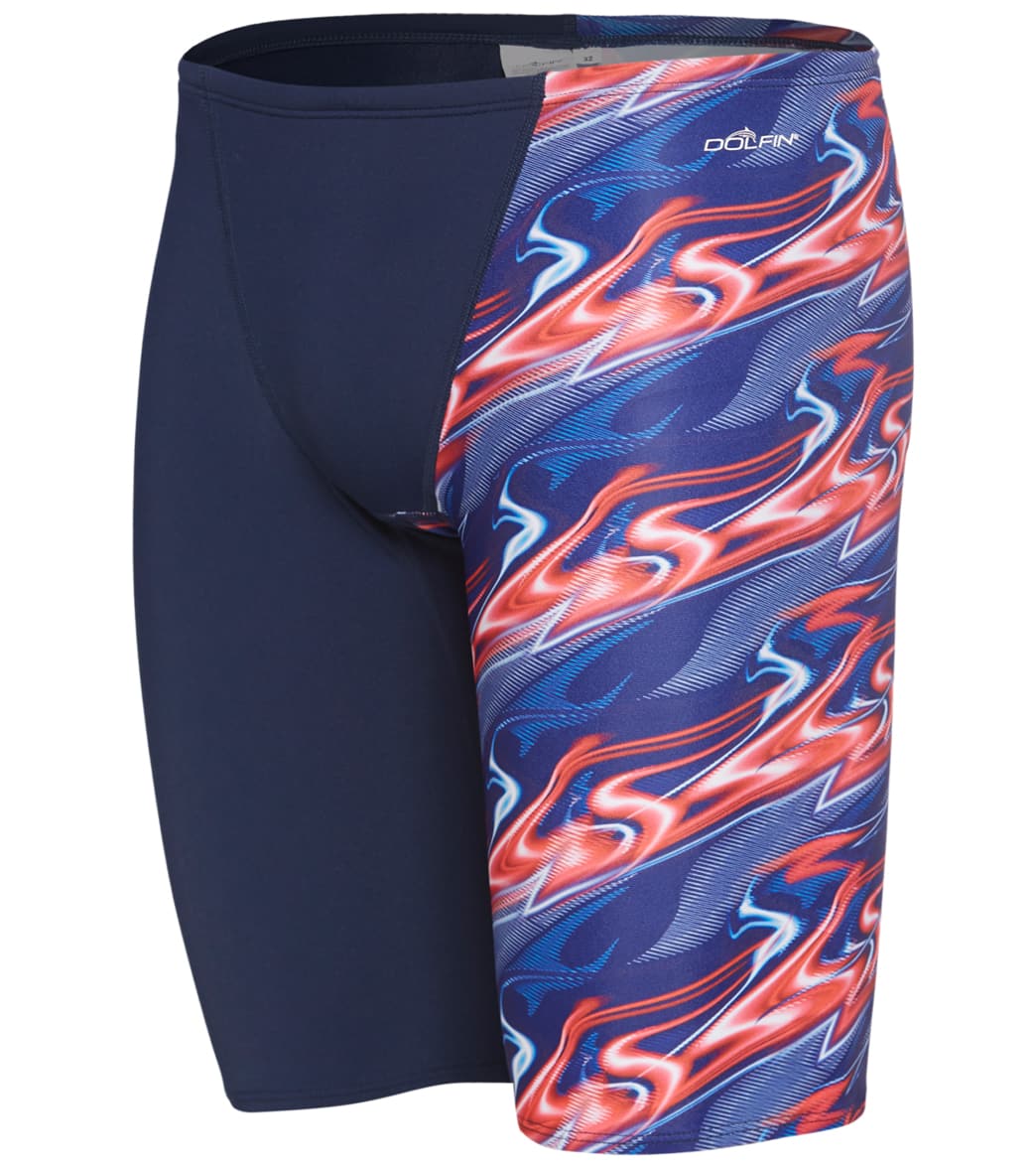 Dolfin Reliance Men's Inferno Team Print Spliced Jammer Swimsuit - Red/White/Blue 24 Polyester - Swimoutlet.com