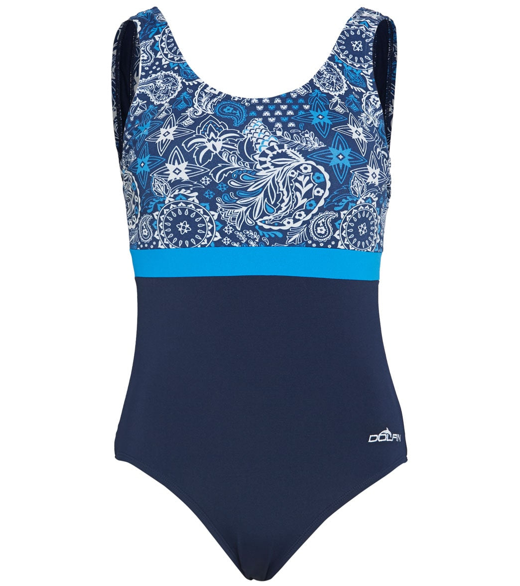 Dolfin Women's Aquashape Santorini Color Block Moderate Scoop Back One Piece Swimsuit - 22 Polyester - Swimoutlet.com
