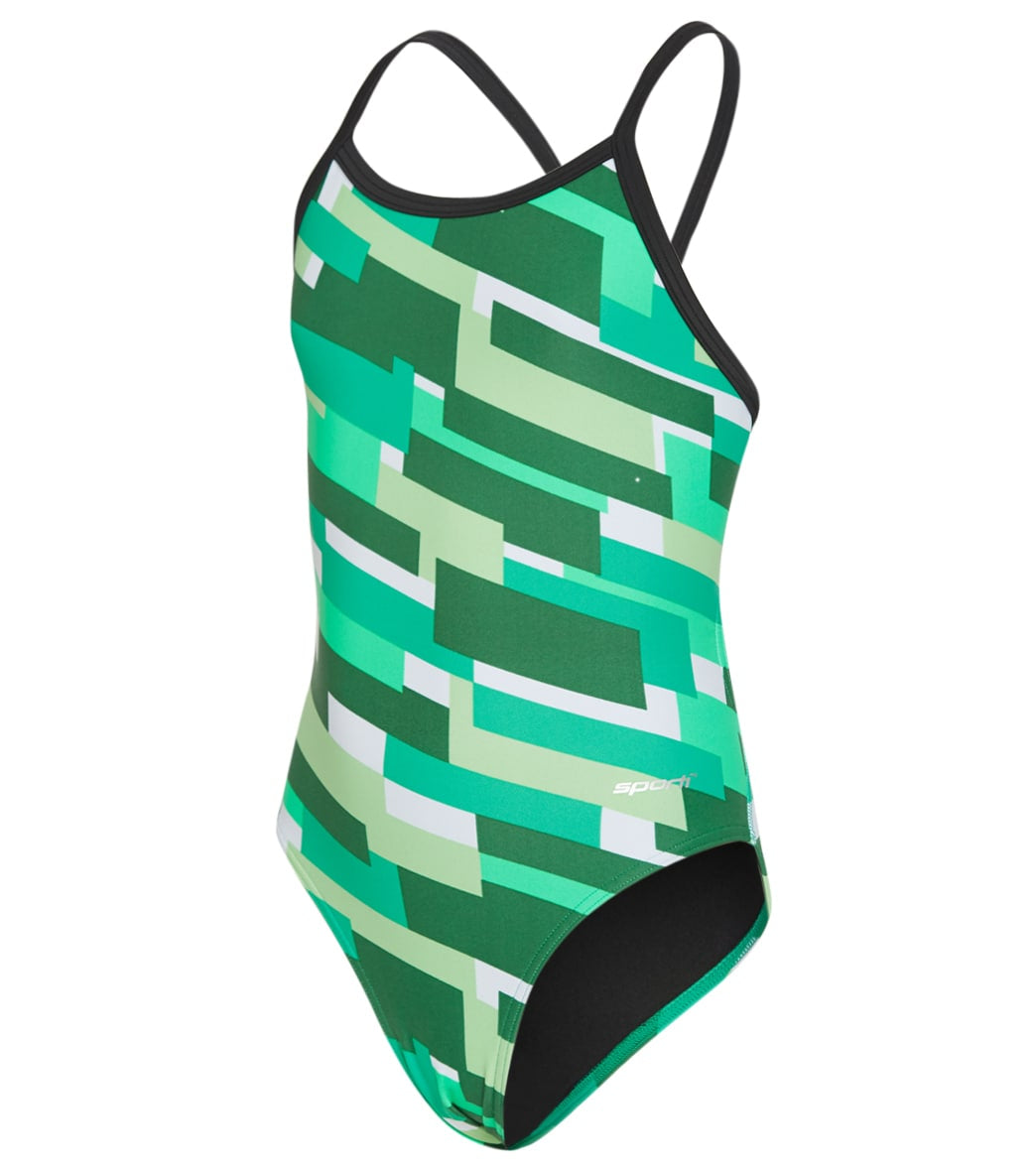 Sporti Cubism Thin Strap One Piece Swimsuit Youth 22-28 - Green Multi 24Y - Swimoutlet.com