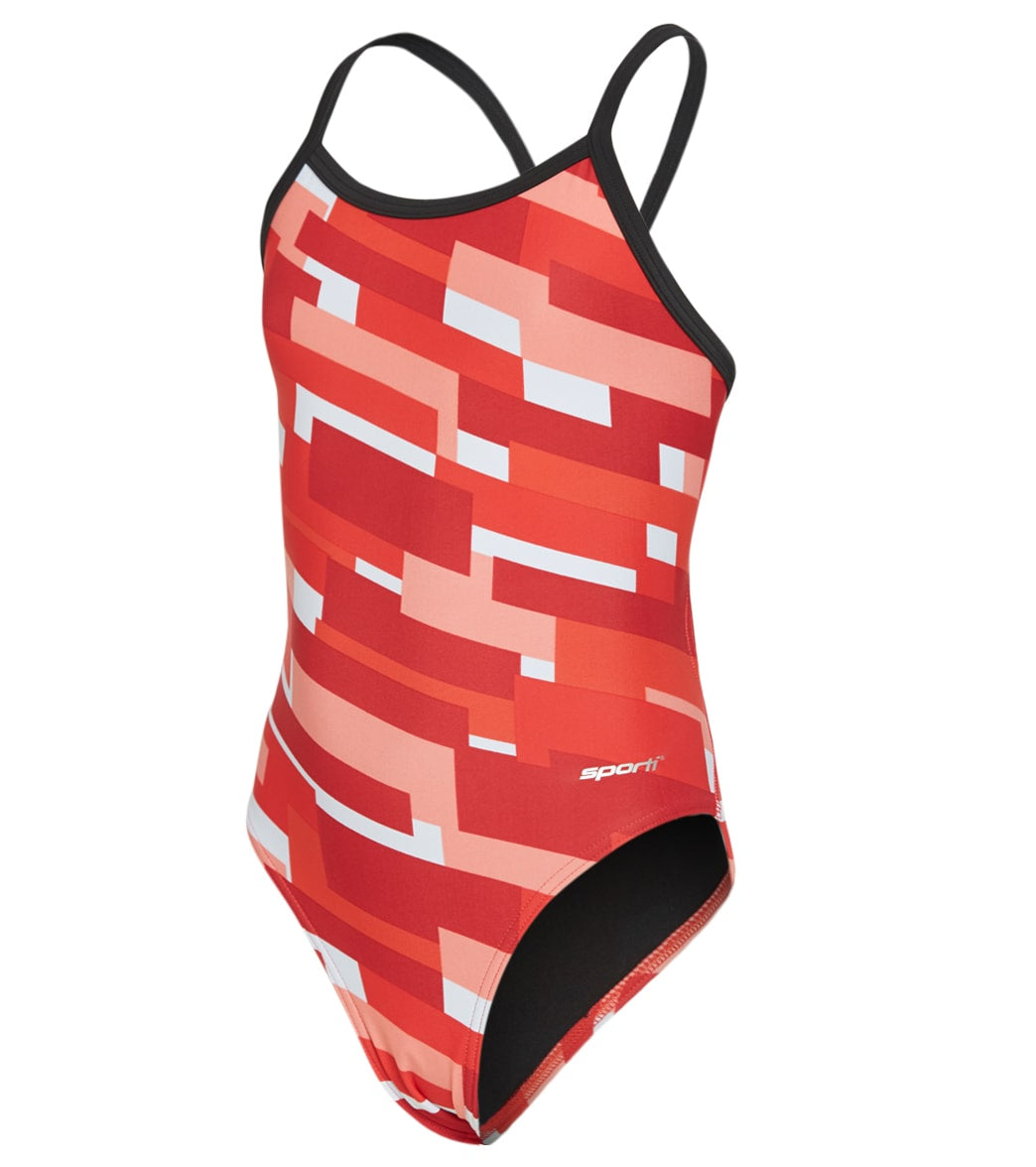 Sporti Cubism Thin Strap One Piece Swimsuit Youth 22-28 - Red Multi 24Y - Swimoutlet.com