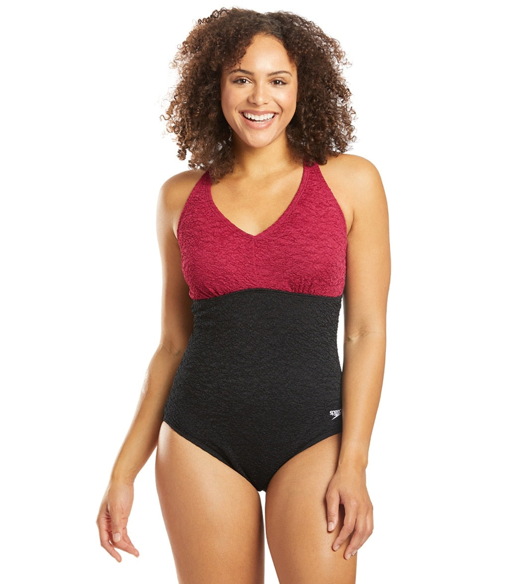 Speedo Women's Pebble Texture Colorblock One Piece Swimsuit - Raspberry Radiance 12 Polyester - Swimoutlet.com