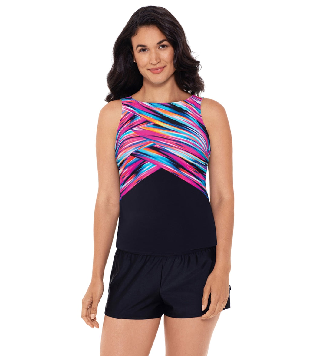 Reebok Women's Wrapped In Perfection High Neck Chlorine Resistant Tankini Top - Pink/Black 16 - Swimoutlet.com