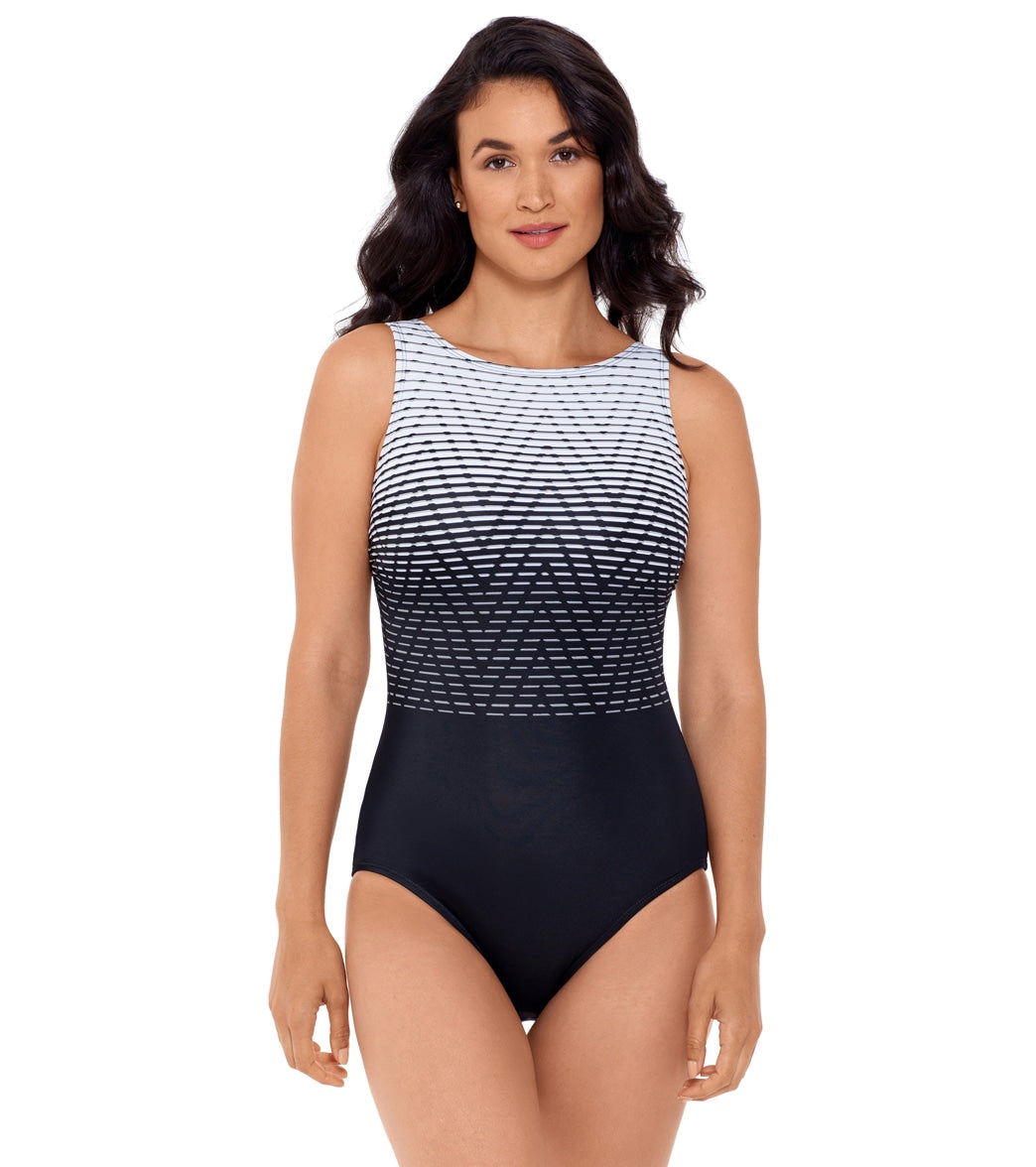 Reebok Women's Endless Endurance High Neck Chlorine Resistant One Piece Swimsuit - Black/White 12 - Swimoutlet.com