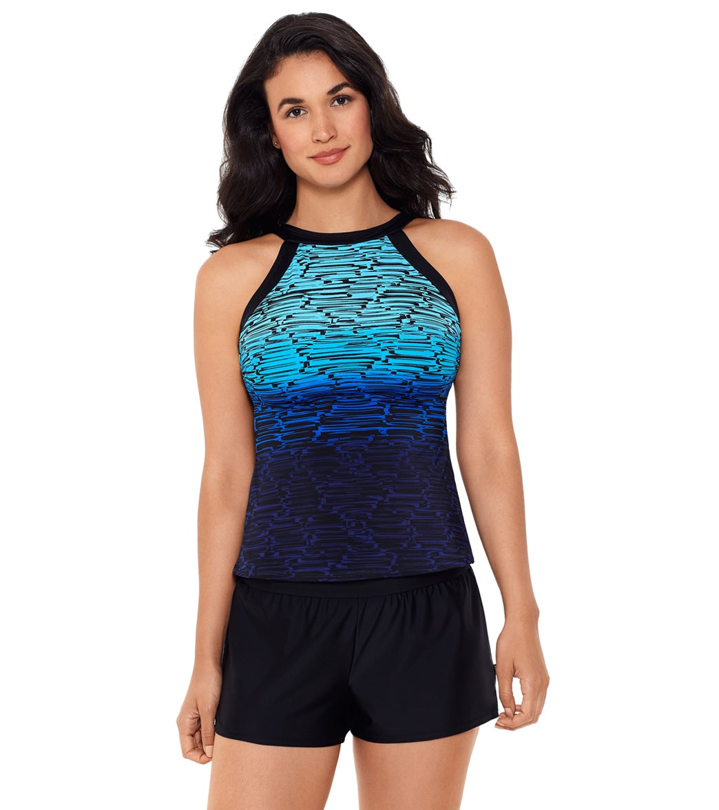 Reebok Women's Stacked To The Max High Neck Chlorine Resistant Tankini Top - Blue/Black 18 - Swimoutlet.com