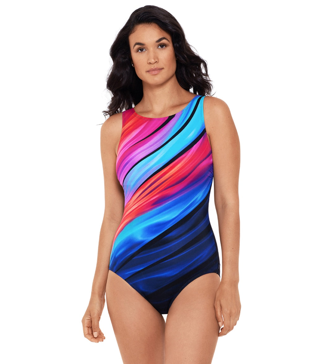 Reebok Women's Marvel Attraction High Neck Chlorine Resistant One Piece Swimsuit - Black/Multi 14 - Swimoutlet.com