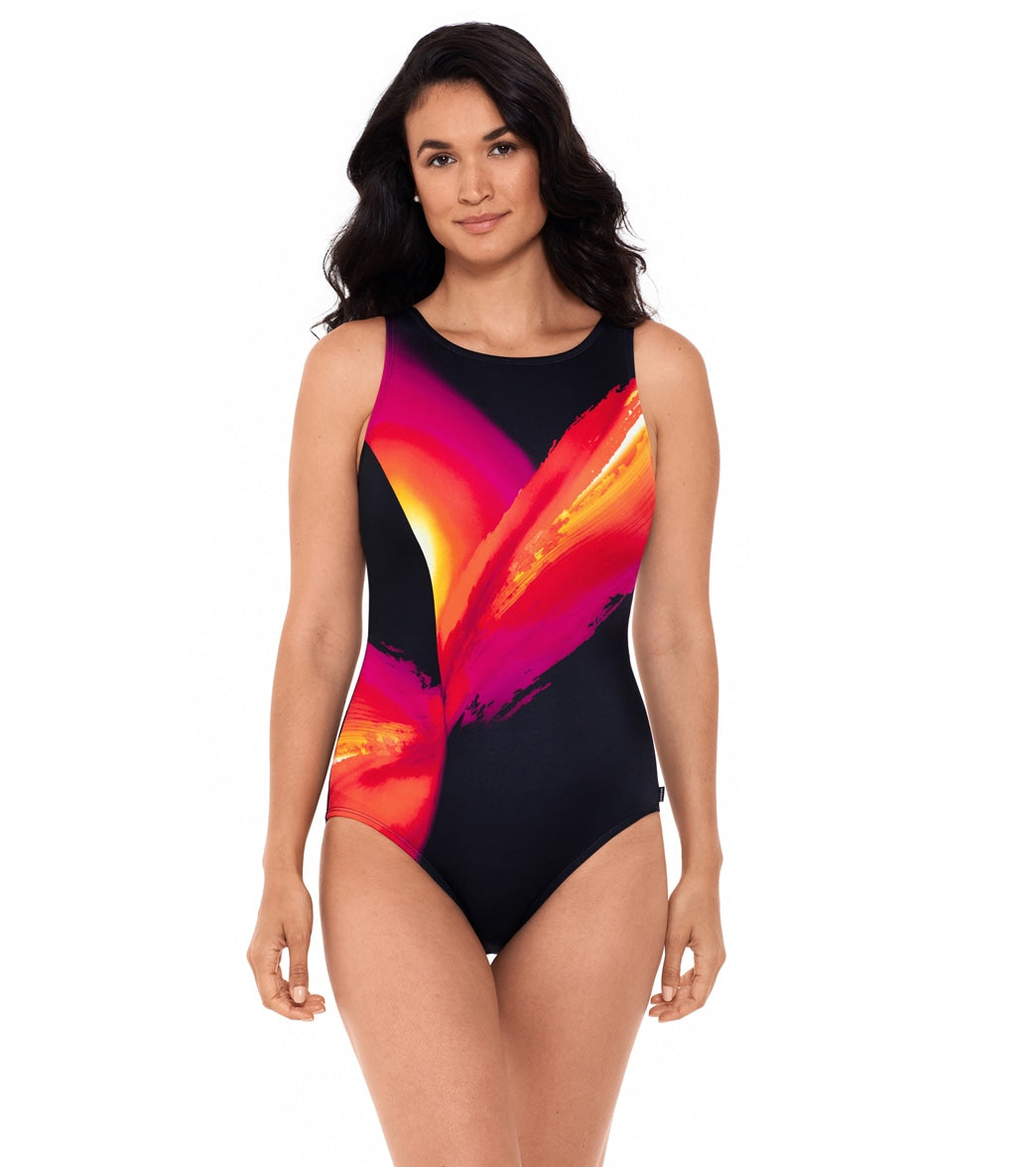 Reebok Women's Aurora Borealis High Neck Chlorine Resistant One Piece Swimsuit - Pink/Black 8 - Swimoutlet.com