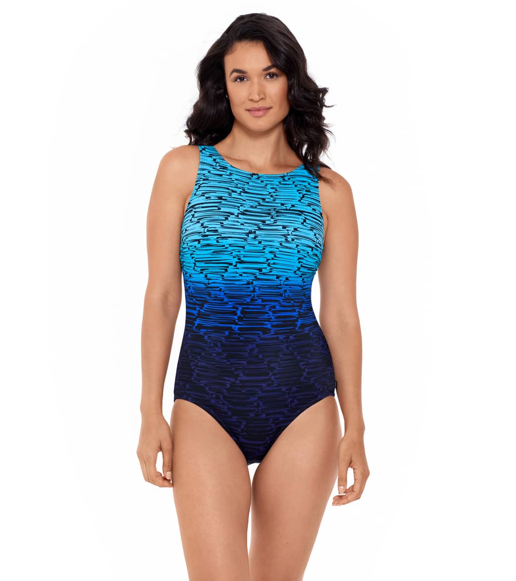 Reebok Women's Stacked To The Max High Neck Chlorine Resistant One Piece Swimsuit - Blue/Black 8 - Swimoutlet.com