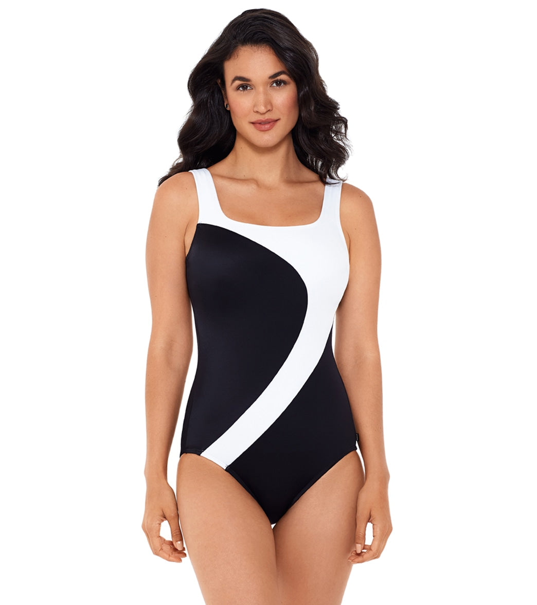 Reebok Women's Color Block Curved Tank Chlorine Resistant One Piece Swimsuit - Black/White 8 - Swimoutlet.com