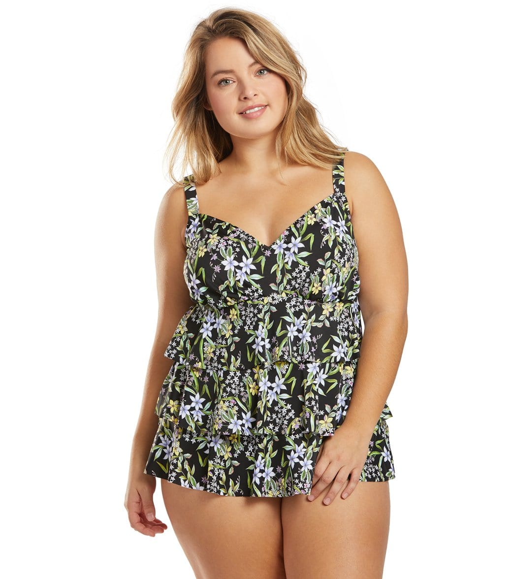 Penbrooke Plus Size Prairie Dance Three Tier One Piece Swimsuit - Black/Multi 24W - Swimoutlet.com