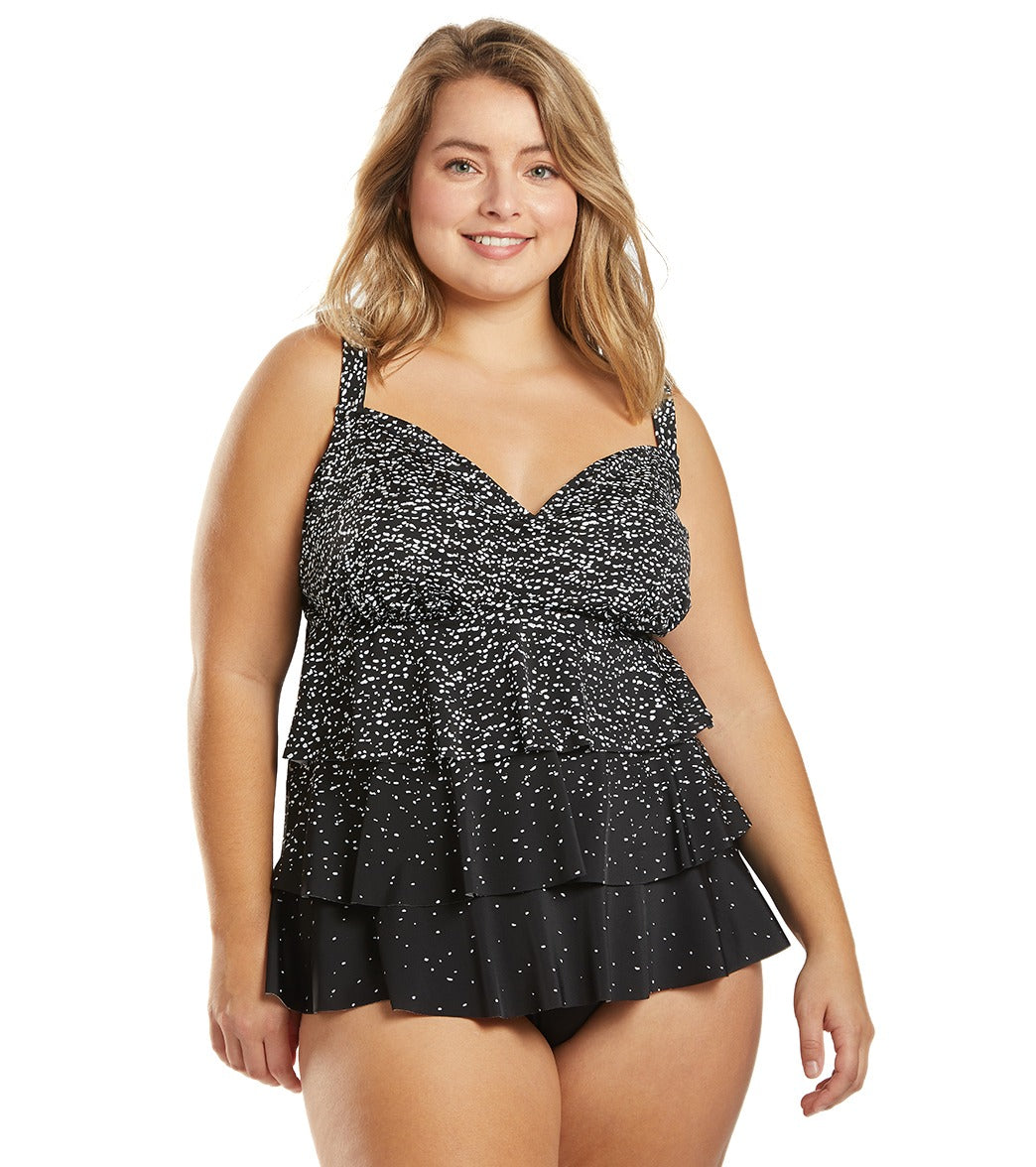 Penbrooke Plus Size Sparkle Dot Triple Tier Tankini Top - Black/White 26W - Swimoutlet.com