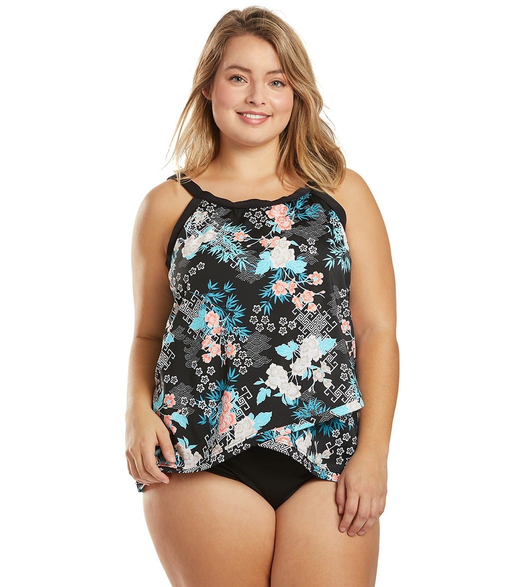 Penbrooke Plus Size Secret Garden Underwire High Neck Tankini Top - Black/Multi 20W - Swimoutlet.com