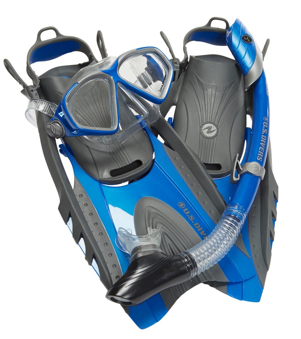 U.s. Divers Cozumel Mask/ Island Dry Snorkel/ Hingeflex Ii Fins/Gear Bag Set - Blue/Black L/Xl 9-13 - Swimoutlet.com