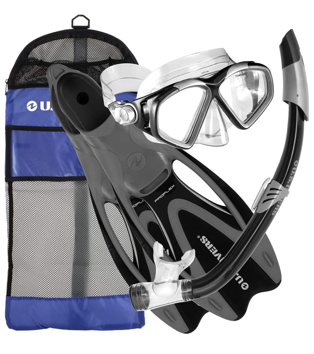 U.s. Divers Cozumel Mask/ Island Dry Snorkel/ Hingeflex Ii Fins/Gear Bag Set - Gunmetal/Black L/Xl 9-13 - Swimoutlet.com