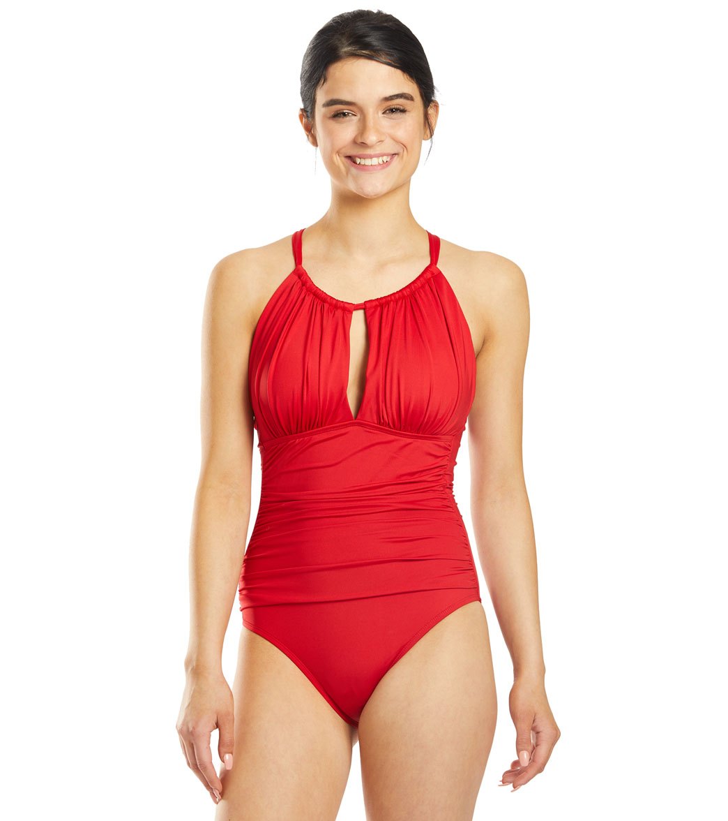 Kenneth Cole Core Power High Neck Shirred One Piece Swimsuit - Red X-Small - Swimoutlet.com