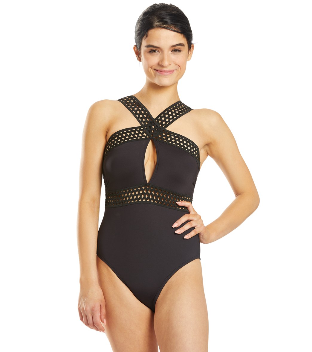 Kenneth Cole Stylin' In Stilettos High Neck One Piece Swimsuit - Black X-Small - Swimoutlet.com