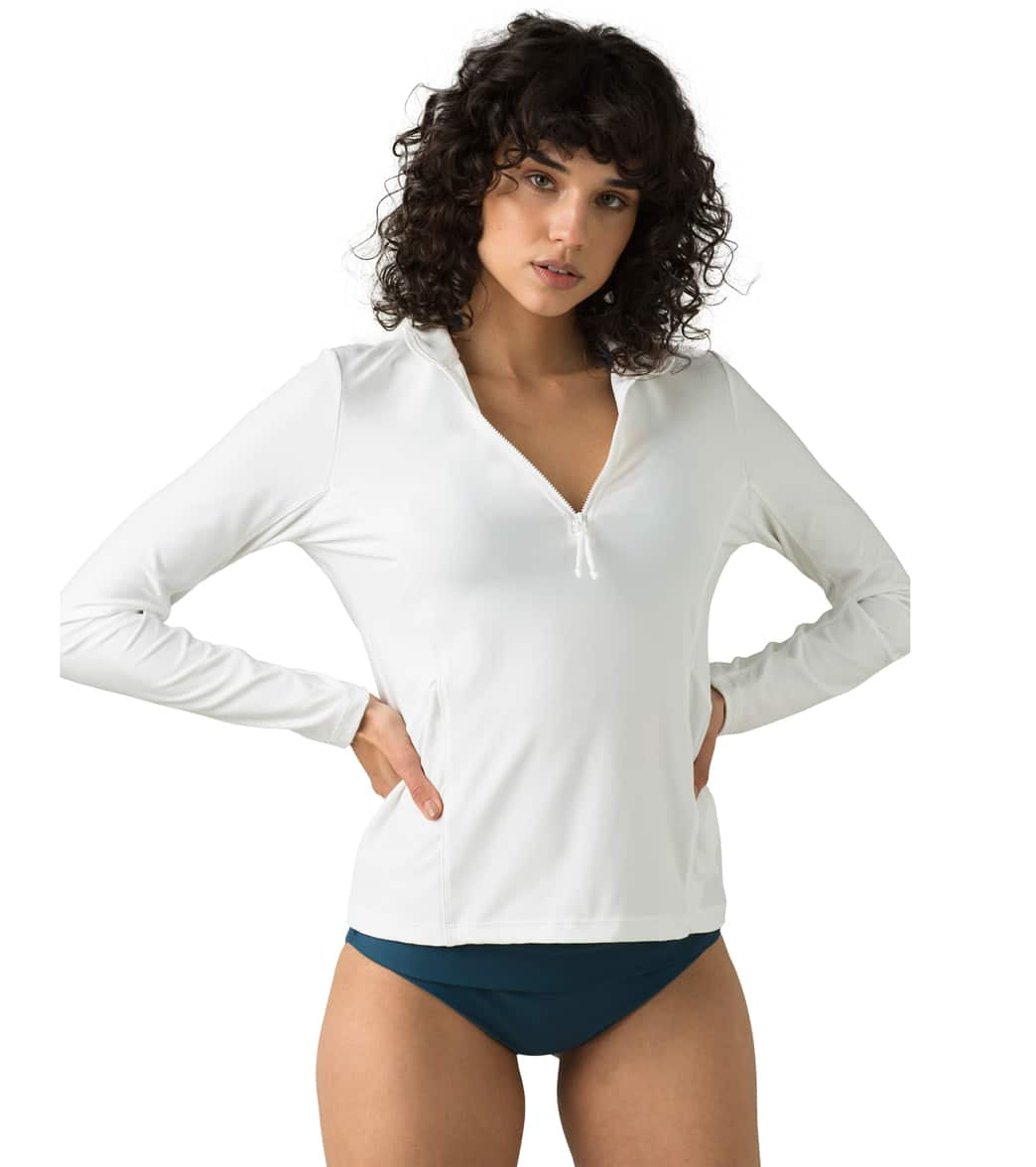 Prana Catarina Zip Long Sleeve Cover Up Sun Top - White X-Small Cotton/Polyester - Swimoutlet.com