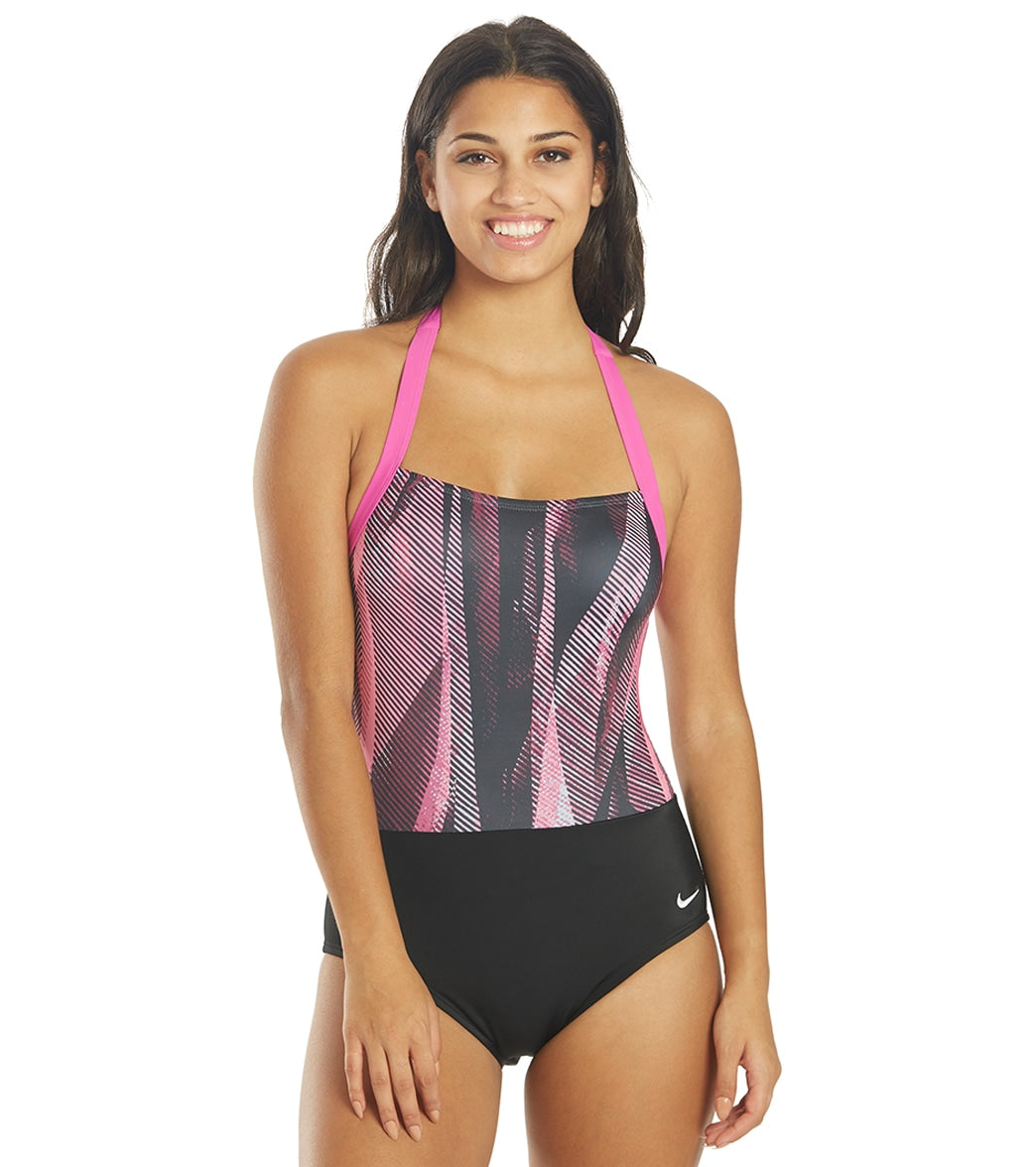 Nike Women's Line Up Halter Chlorine Resistant One Piece Swimsuit - Fire Pink Medium Size Medium Polyester - Swimoutlet.com