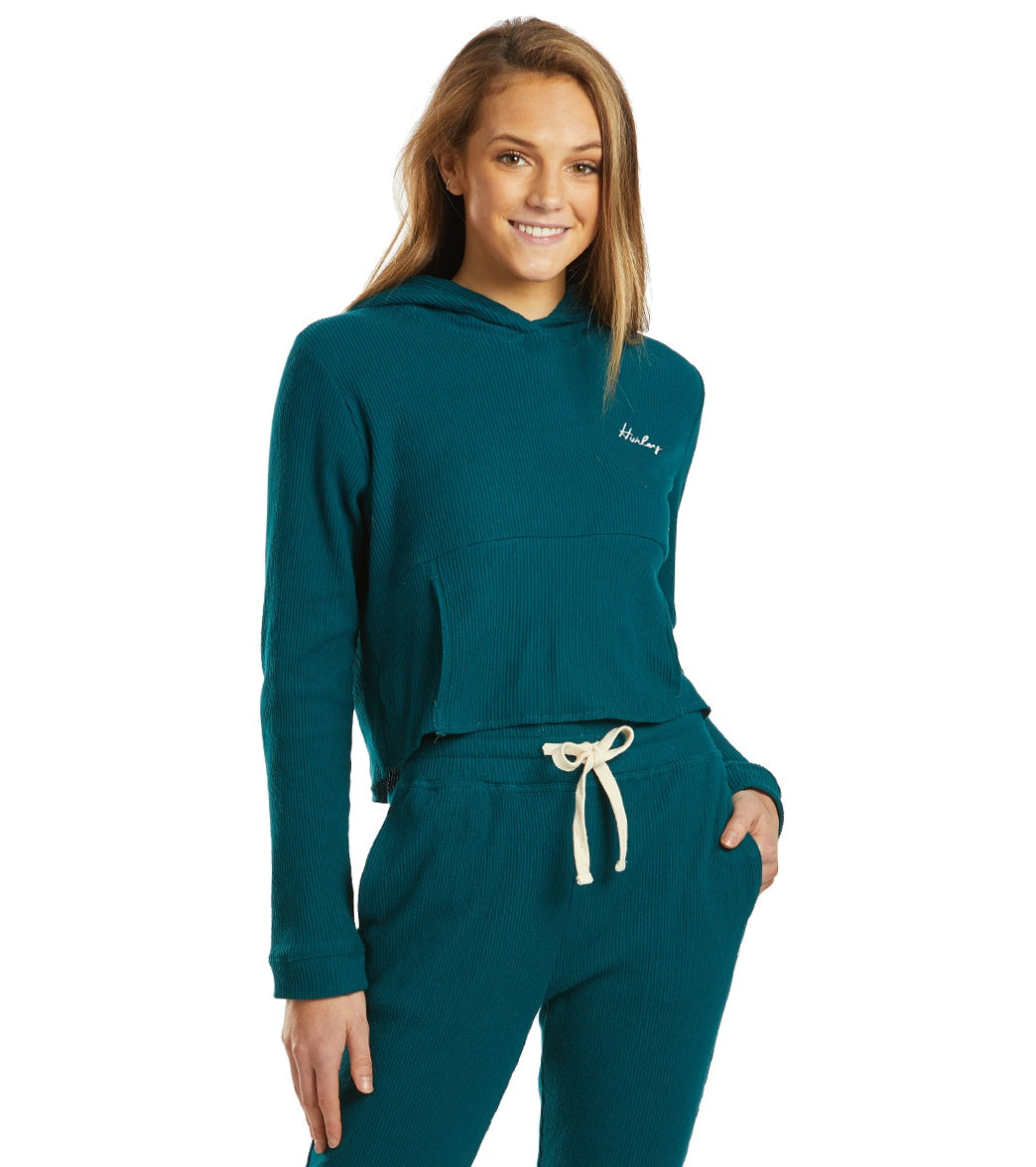 Hurley Women's Chill Rib Fleece Crop Pullover - Midnight Turquoise Small Cotton/Polyester - Swimoutlet.com