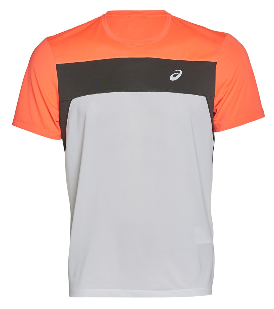 Asics Men's Race Short Sleeve Top Shirt - Brilliant White/Flash Coral Small Size Small Polyester - Swimoutlet.com