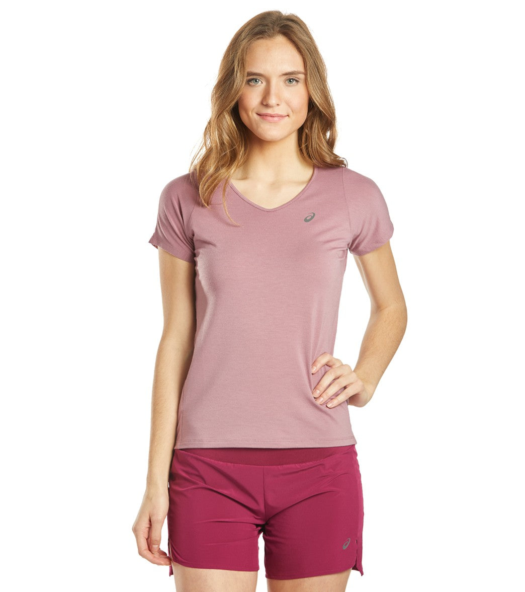 Asics Women's V-Neck Short Sleeve Top - Purple Oxide Medium Size Medium - Swimoutlet.com
