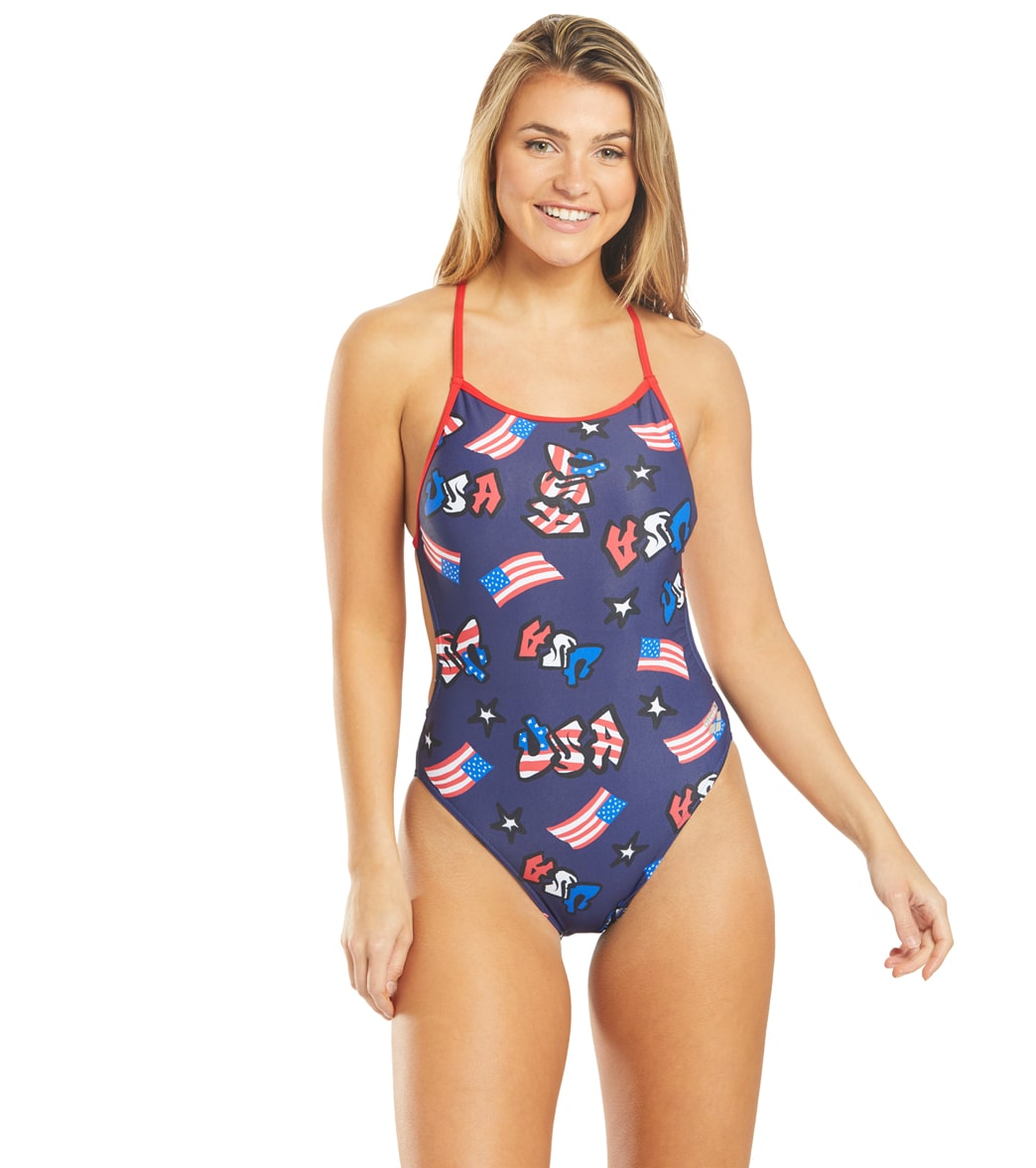Arena Women's Graffiti Usa Booster Back One Piece Swimsuit - Red/Multi 26 - Swimoutlet.com