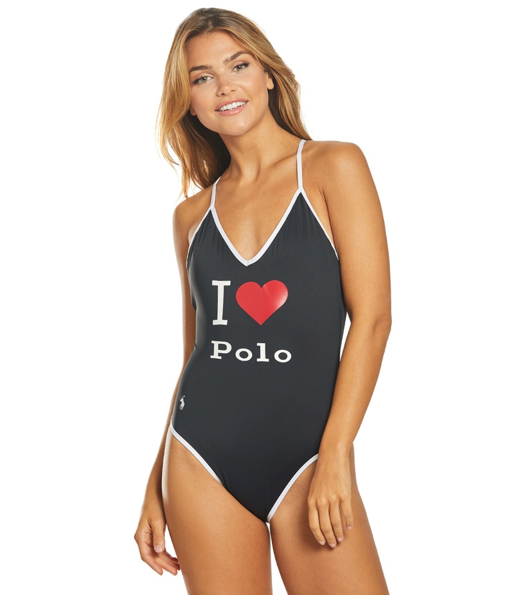 Ralph Lauren I Heart Polo V Neck One Piece Swimsuit - Black X-Small - Swimoutlet.com