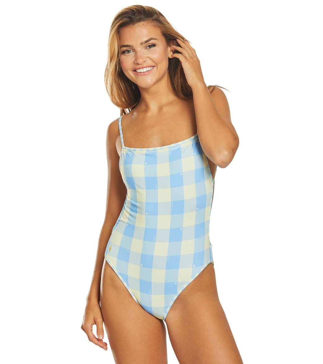 Ralph Lauren Buffalo Plaid High Leg One Piece Swimsuit - Blue Xl - Swimoutlet.com