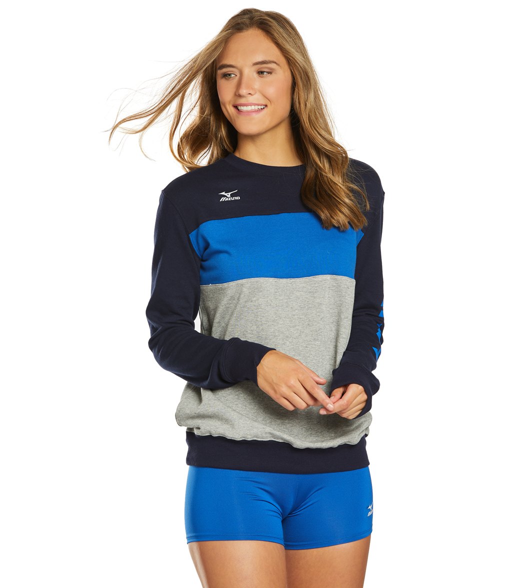 Mizuno Women's Retro Crew Volleyball Sweatshirt - Navy/Royal/Heathered Grey Small Cotton/Spandex - Swimoutlet.com