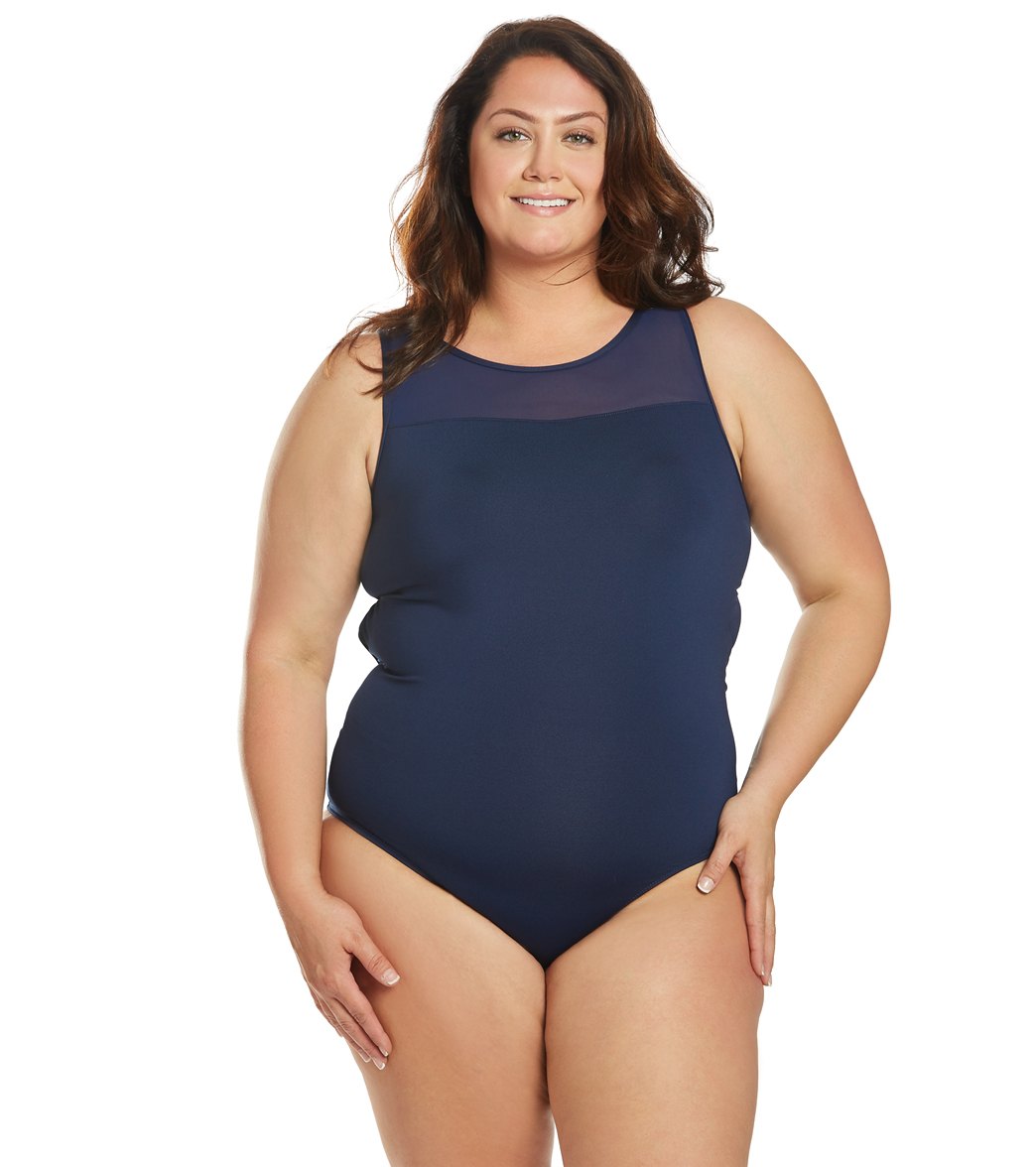 Dolfin Women's Plus Size Aquashape Solid Power Mesh Chlorine Resistant One Piece Swimsuit - Navy 18 - Swimoutlet.com