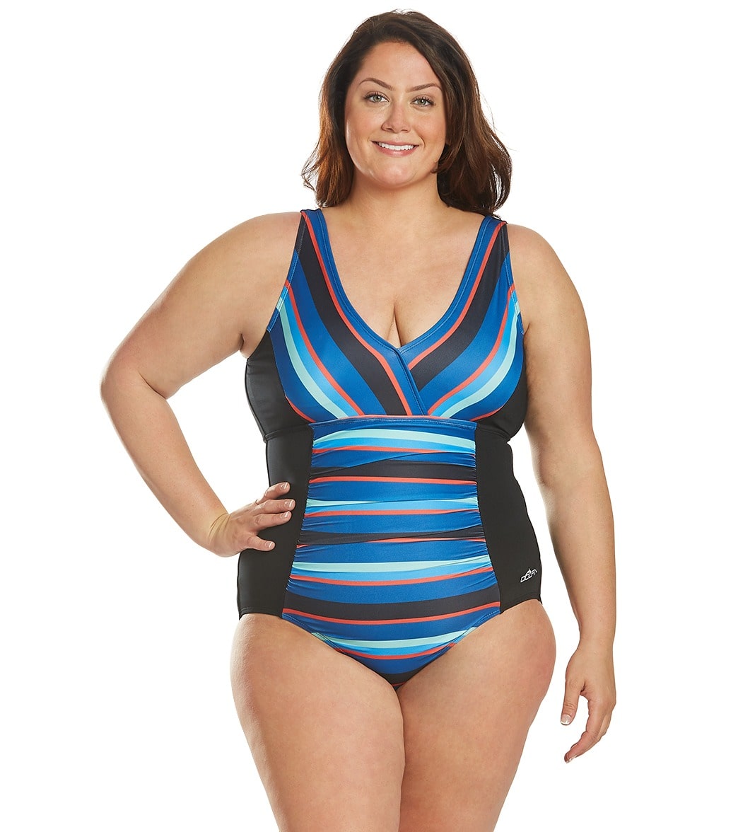 Dolfin Women's Plus Size Aquashape Multi Stripe V-Neck Chlorine Resistant One Piece Swimsuit - Blue 20 - Swimoutlet.com