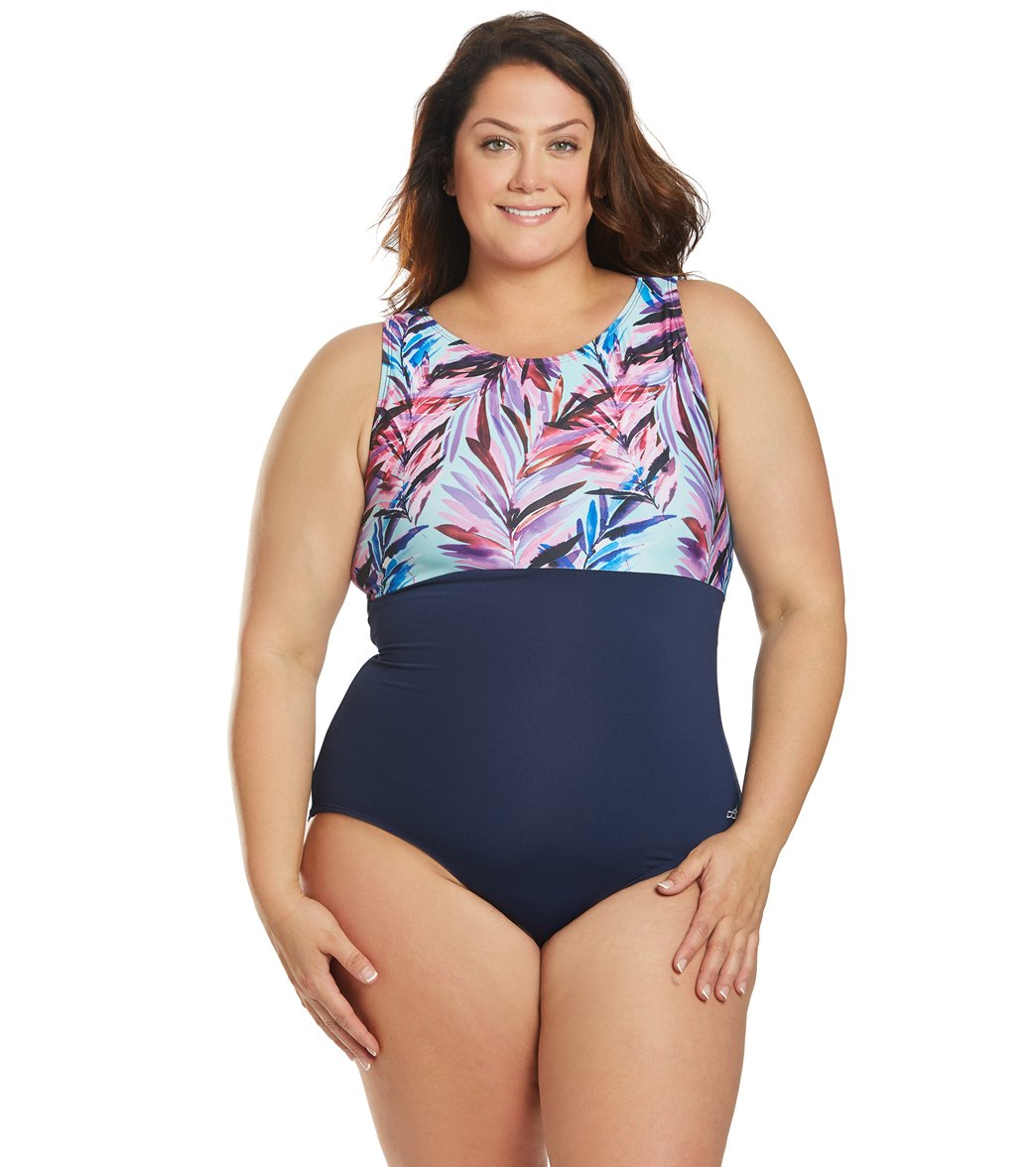 Dolfin Women's Plus Size Aquashape Wisteria Color Block High Neck Chlorine Resistant One Piece Swimsuit - Wysteria 18 - Swimoutlet.com