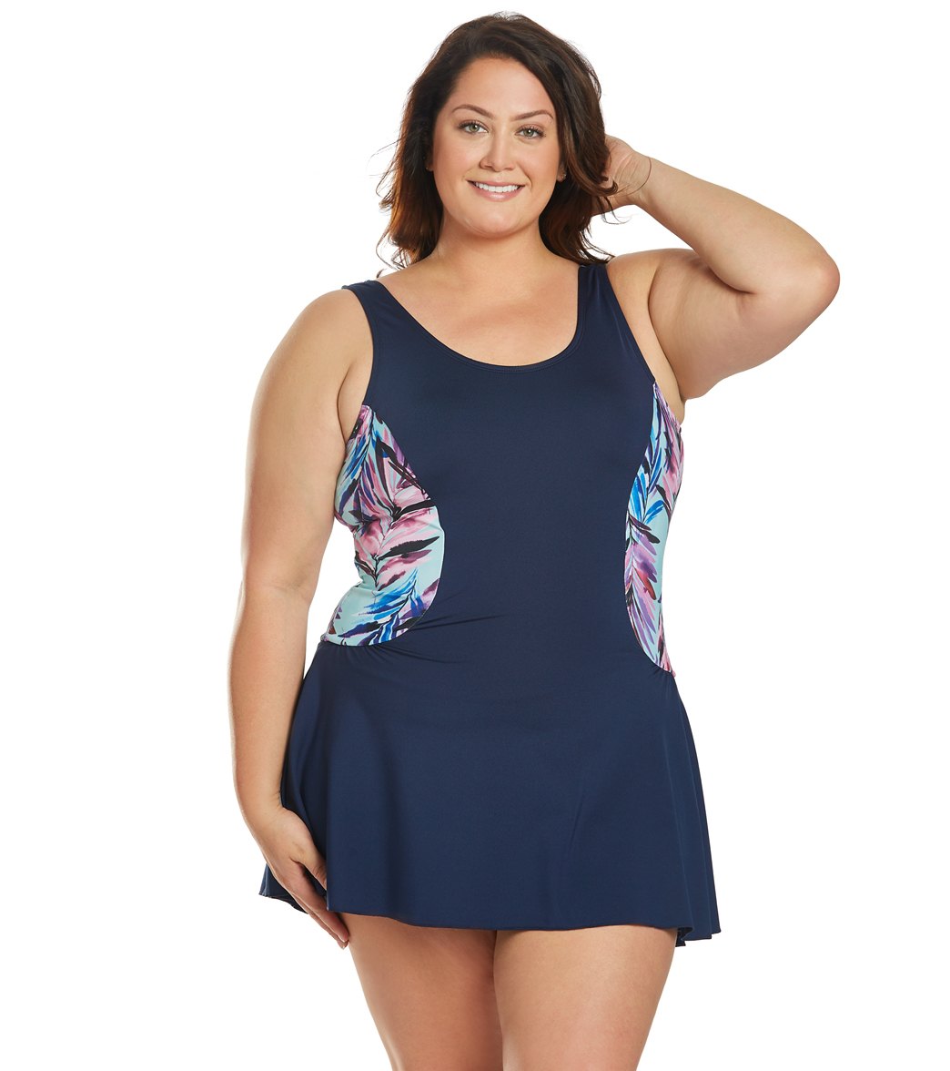 Dolfin Women's Plus Size Wisteria Palm Color Block Swim Dress - Wysteria 24 - Swimoutlet.com