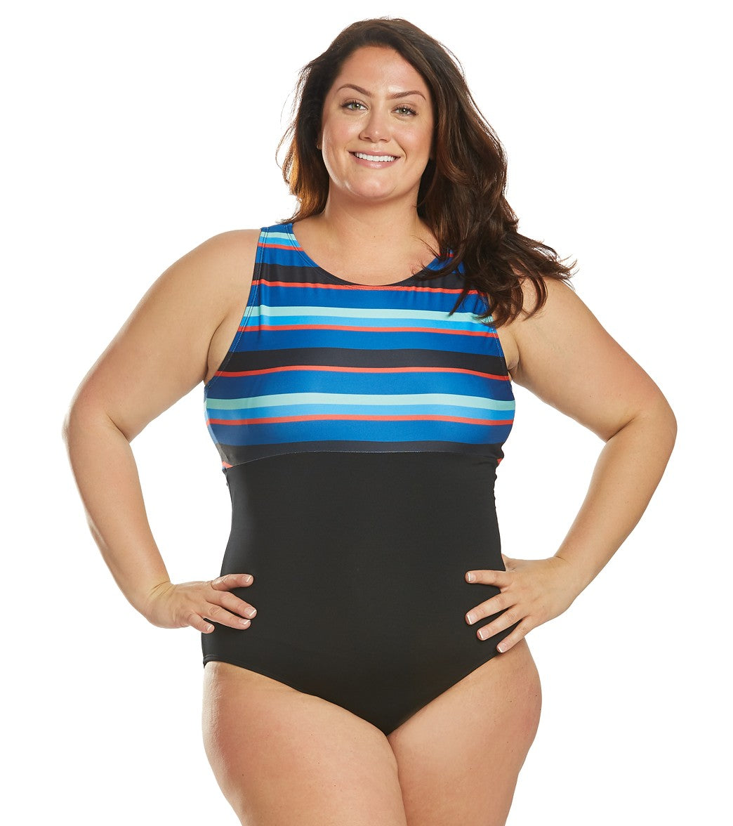 Dolfin Women's Plus Size Aquashape Multi Stripe High Neck Chlorine Resistant One Piece Swimsuit - Blue 18 - Swimoutlet.com