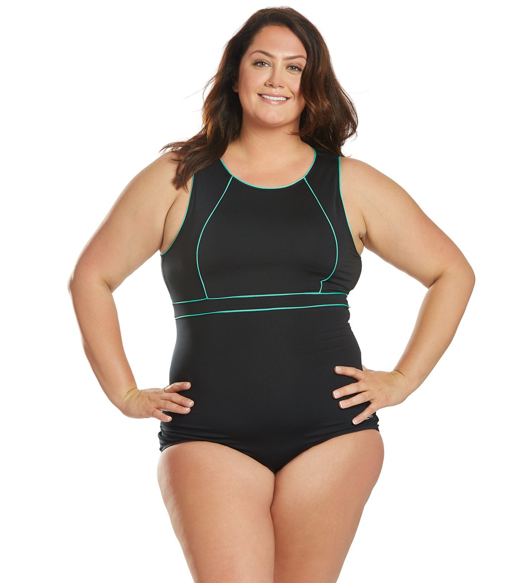 Dolfin Women's Plus Size Aquashape Solid Conservative High Neck Chlorine Resistant One Piece Swimsuit - Black/Mint 18 - Swimoutlet.com