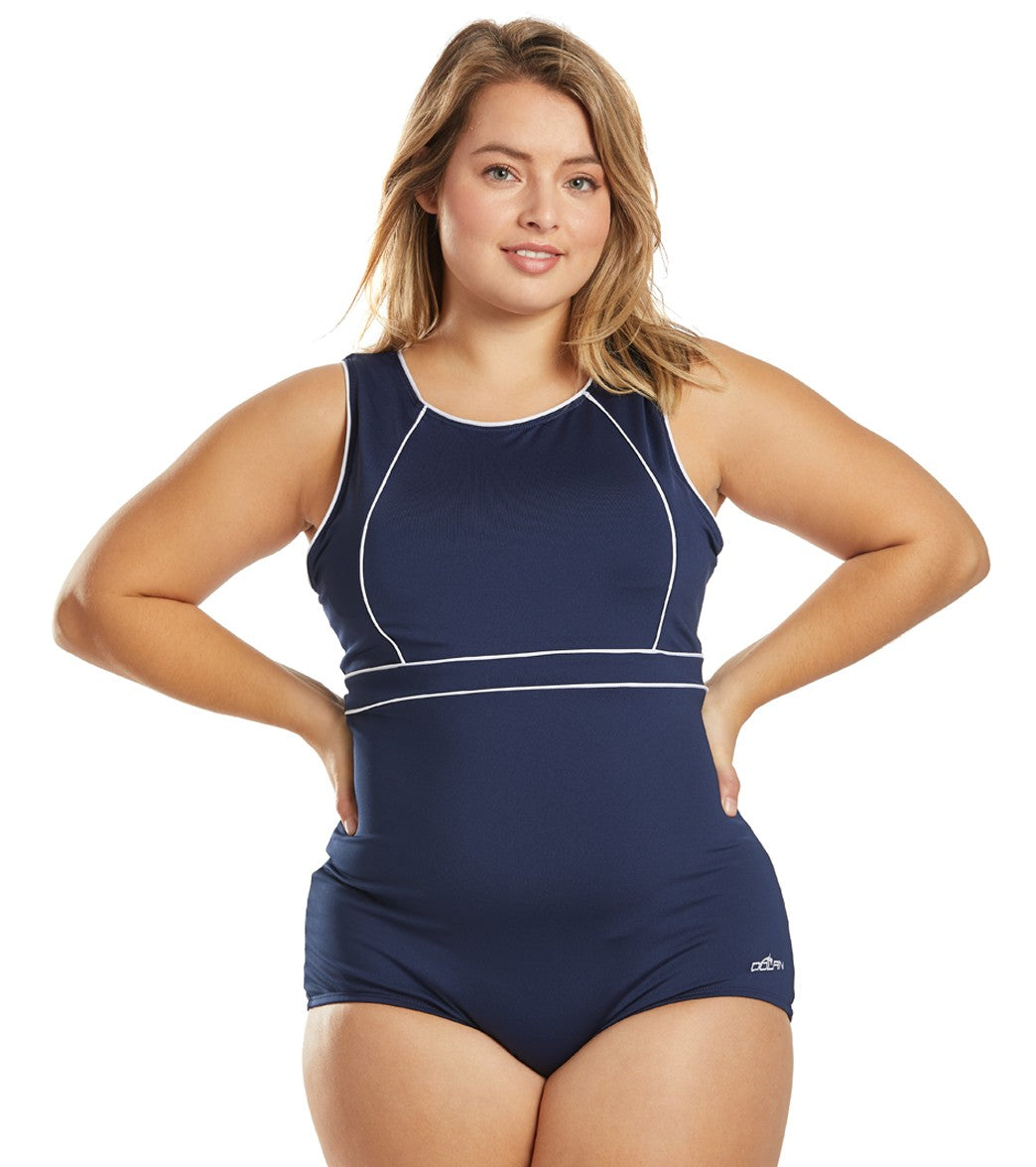 Dolfin Women's Plus Size Aquashape Solid Conservative High Neck Chlorine Resistant One Piece Swimsuit - Navy/White 18 - Swimoutlet.com