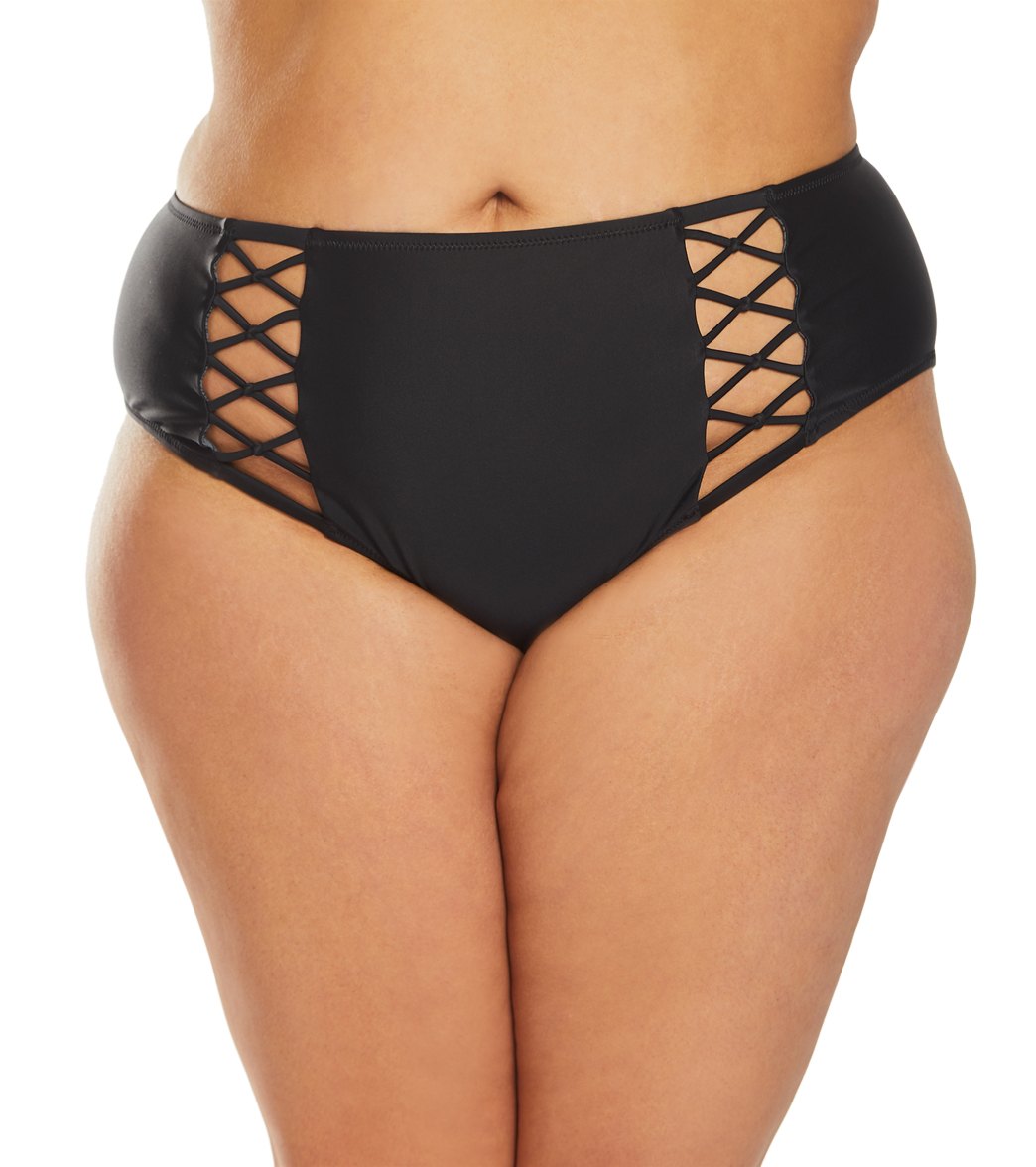 Volcom Plus Size Simply Solid Retro Cut Out Bikini Bottom - Black 14W - Swimoutlet.com