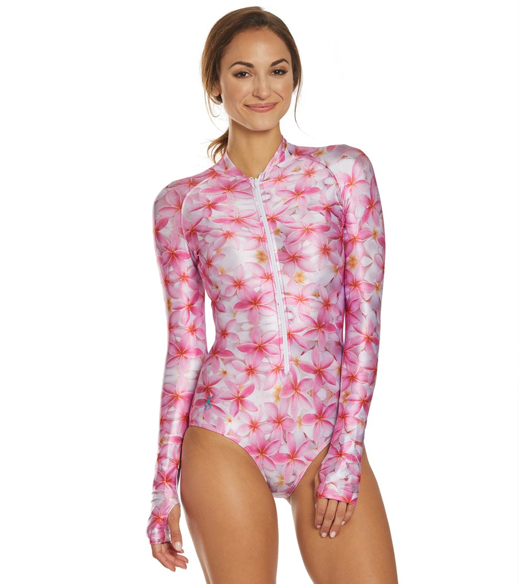 Slipins Plumeria Zippered Mini Long Sleeve Swimsuit - Pink Medium Polyester/Spandex - Swimoutlet.com