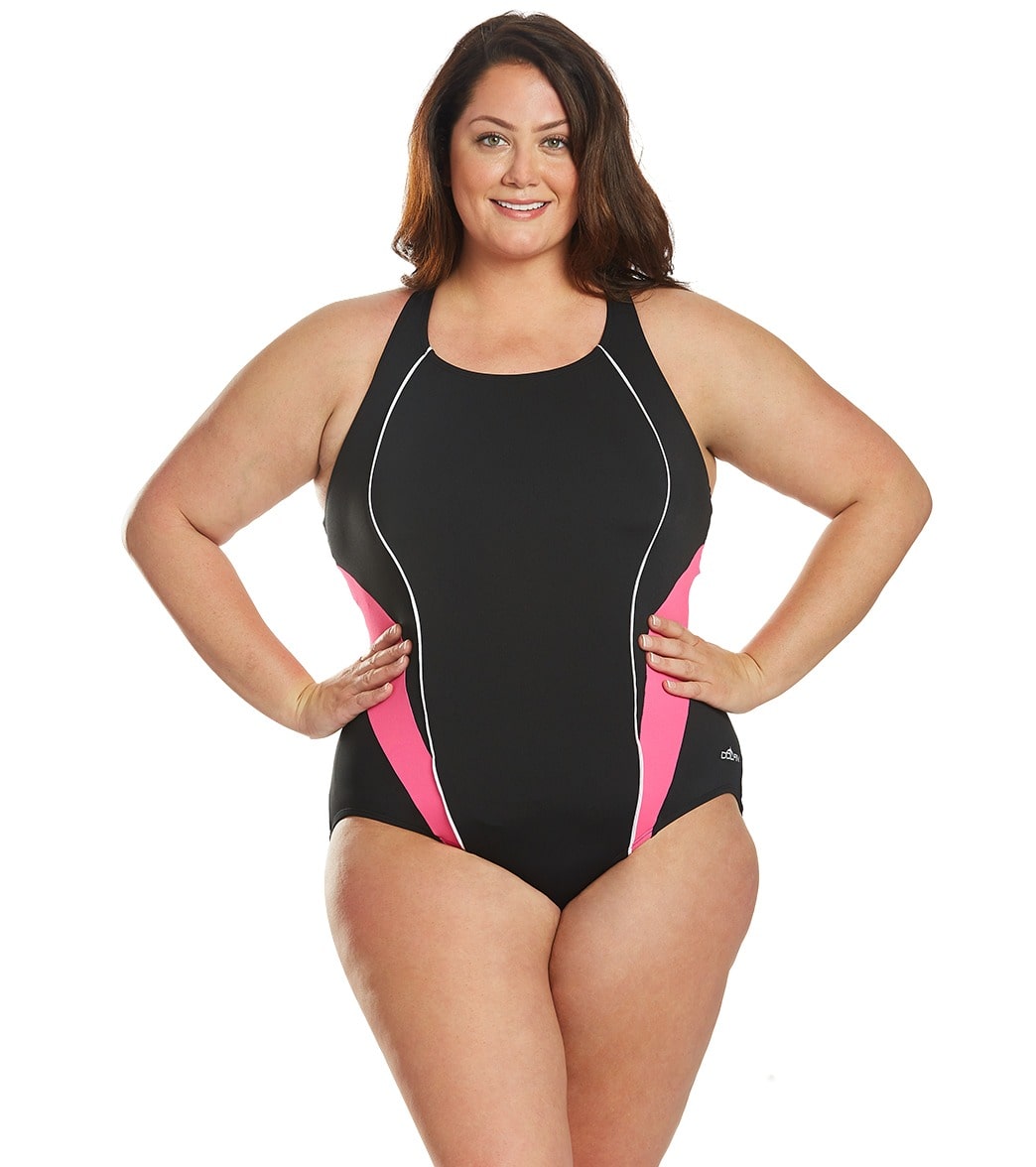 Dolfin Women's Plus Size Sporty Color Block Splice Crossover Chlorine Resistant One Piece Swimsuit - Black/Pink 22 Polyester - Swimoutlet.com