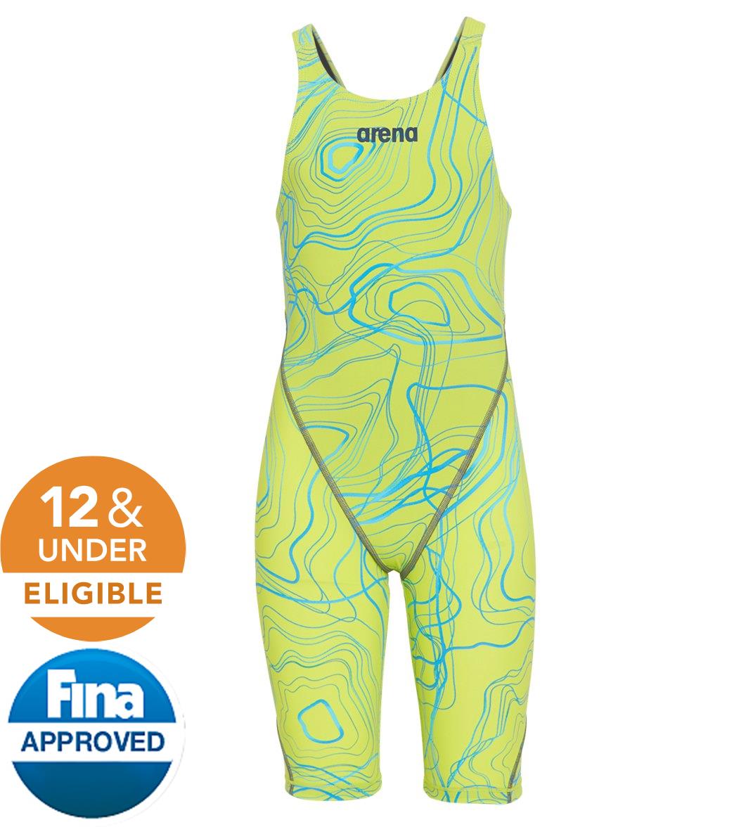 Arena Girls' Powerskin St 2.0 Kneeskin Open Back Tech Suit Swimsuit - Sonic Lime 26 Elastane/Polyamide - Swimoutlet.com