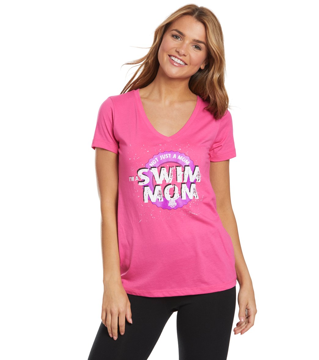 Usa Swimming Women's Swim Mom Not Just A V-Neck T-Shirt - Raspberry Large Cotton/Polyester - Swimoutlet.com
