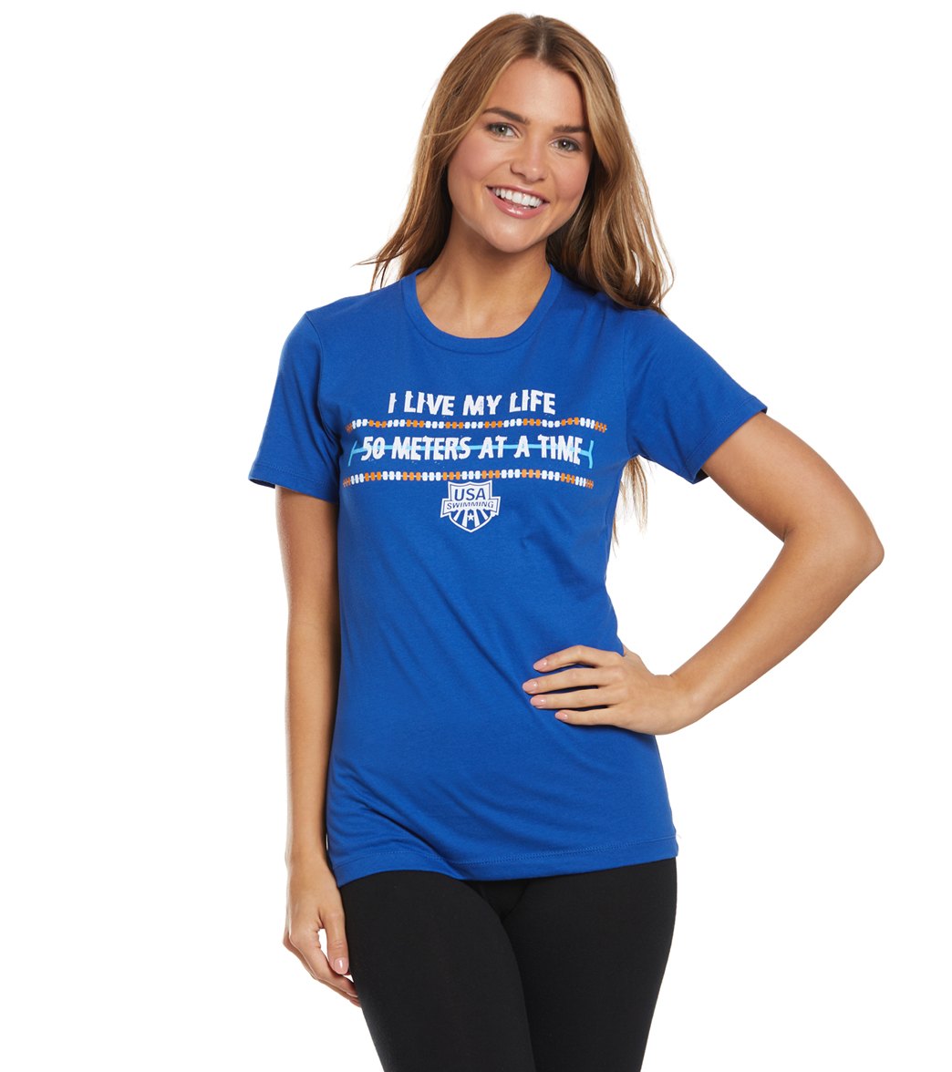 Usa Swimming Women's I Live My Life Crew Neck T-Shirt - Royal Large Cotton - Swimoutlet.com